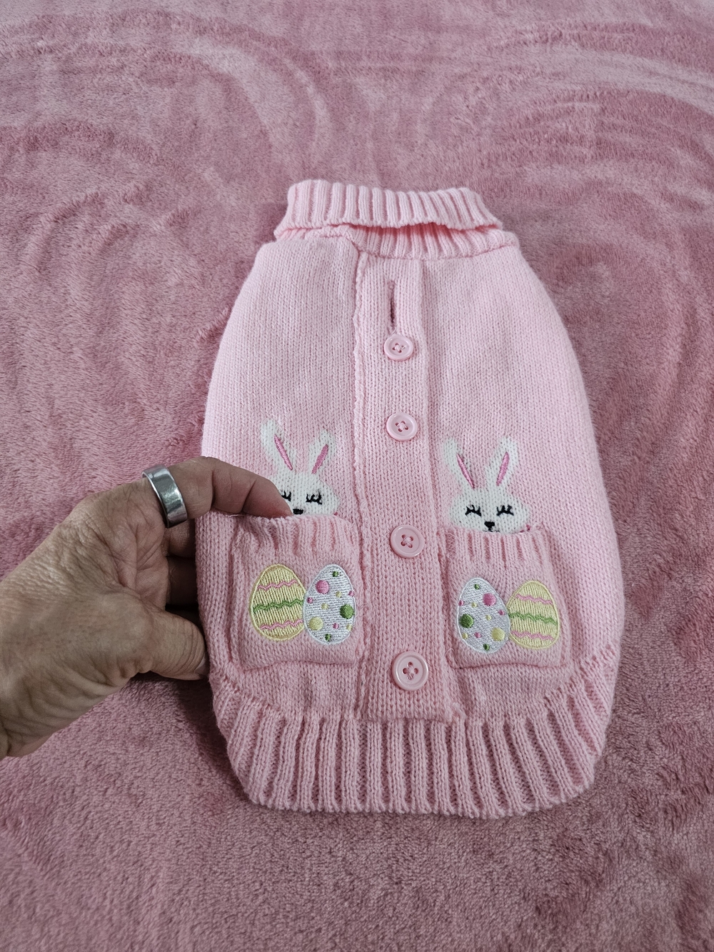 NWOT XS/S Dog Sweater Cardigan w/embroidered Bunny with Egg Pockets - Picture 4 of 7